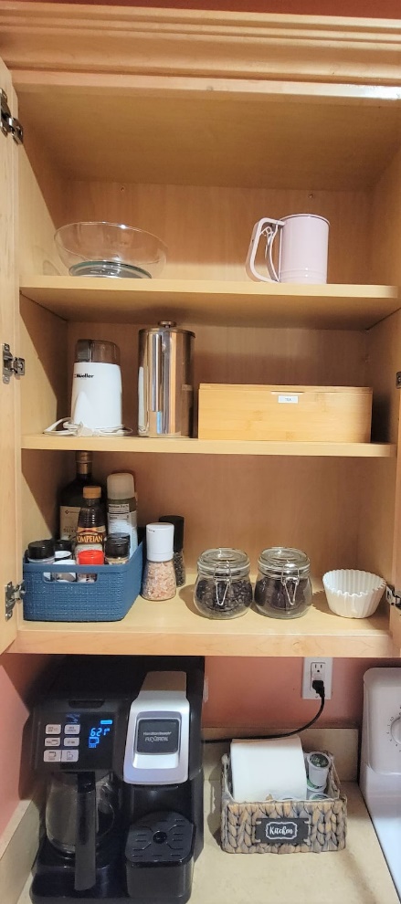 Coffee station with Keurig, drip maker, spices and oils