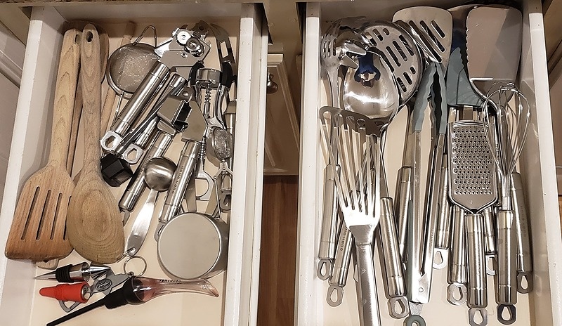 Drawers of kitchen utensils in an FRB rental