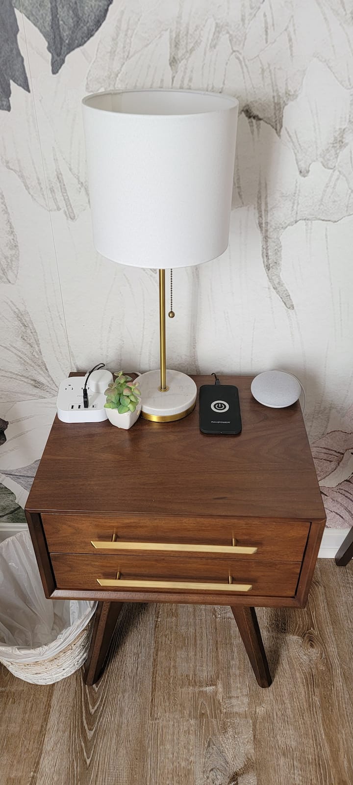 Nightstand with USB charger, wireless charger and smart speaker